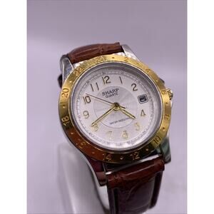 Mens Sharp Quartz Brown Leather Dress Watch Gold Tone New Battery